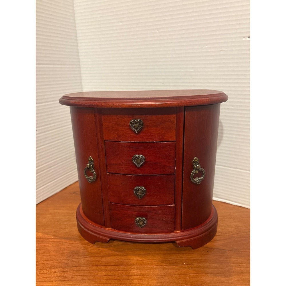 Vintage Wooden Jewelry Armoire Tabletop Chest Mirror Heart Pulls Cherry Finish